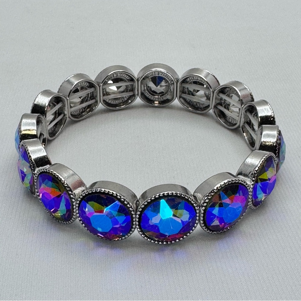 Silver Tone AB Crystal Stretch Bracelet Rainbow Faceted Statement Glam Stacking - Picture 3 of 8
